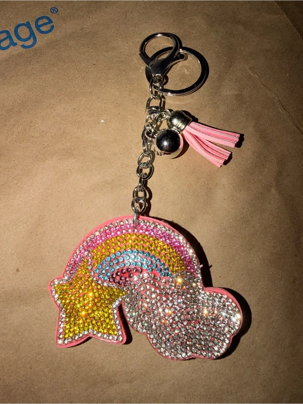 Unbranded Pink Rhinestone Rainbow & Star Keychain
